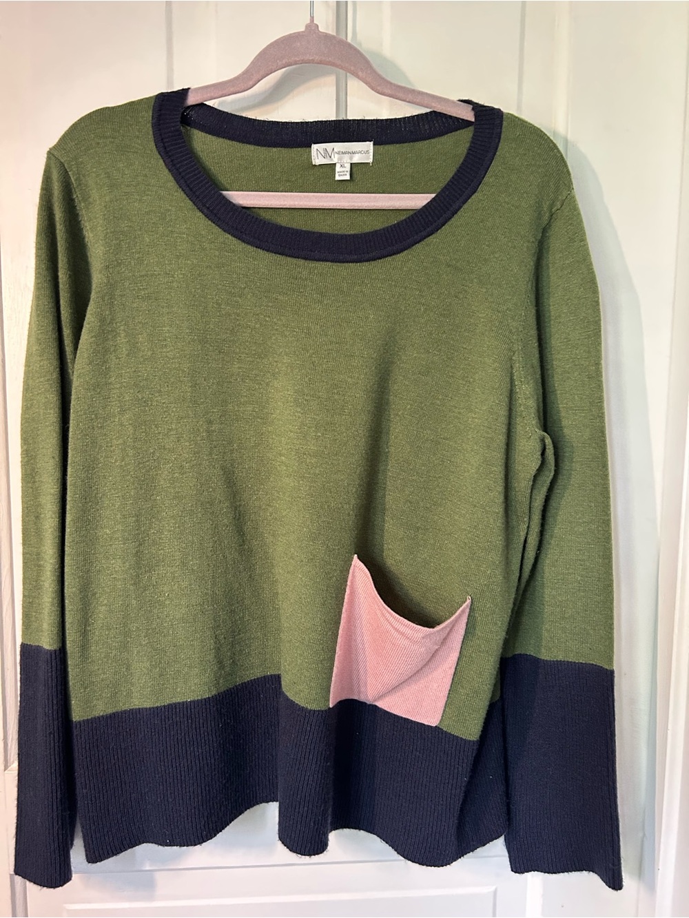 Neiman Marcus Olive Green Sweater with Navy Trim and Pink Pocket Accent